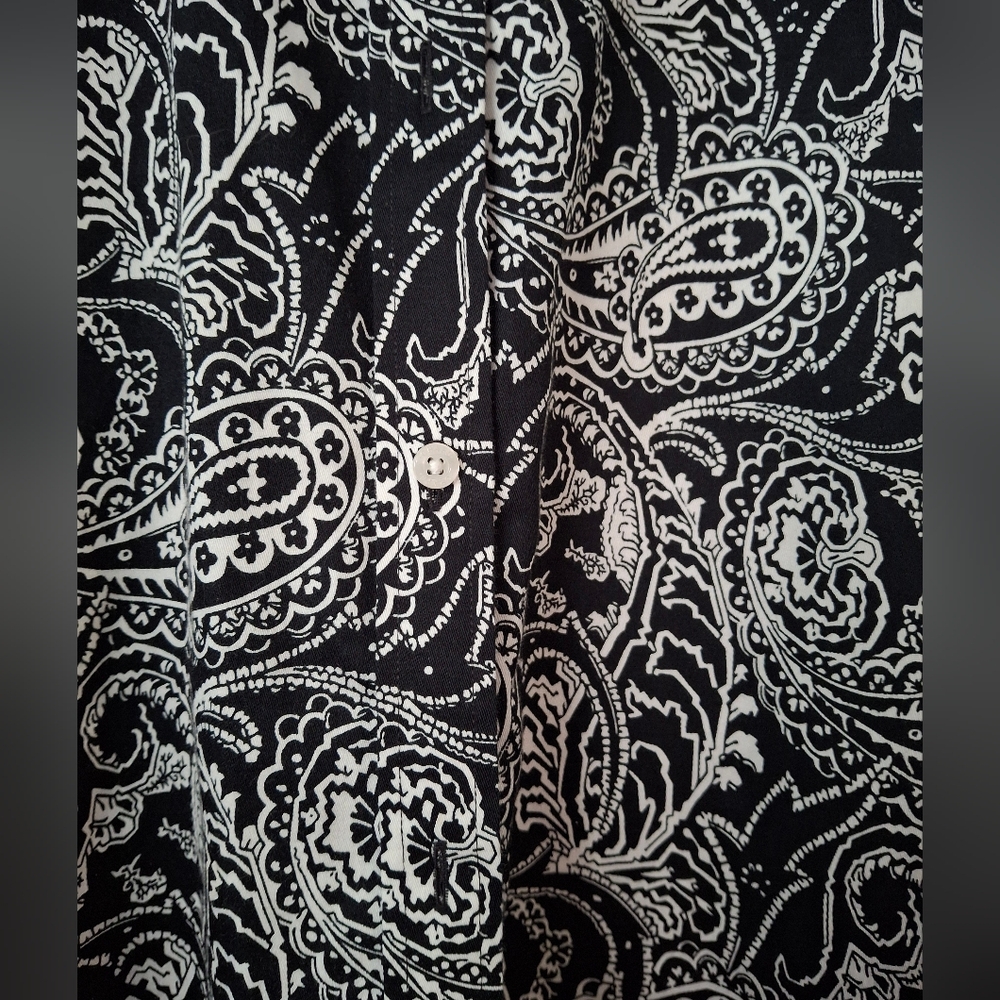 Chaps Classics Petites Black & White Paisley Women PL No Iron Soft Cotton Blouse - Picture 2 of 7